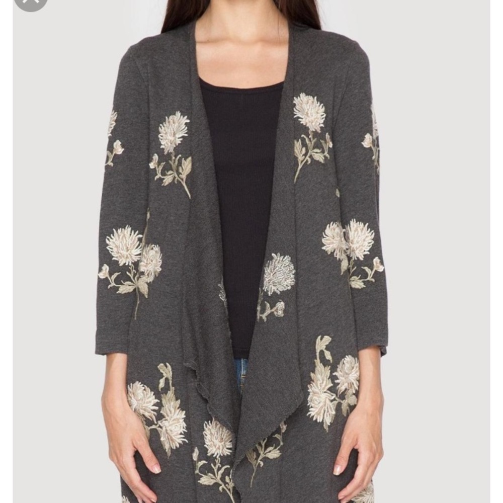 Johnny Was Charcoal Gray Floral Embroidered Drape Cardigan